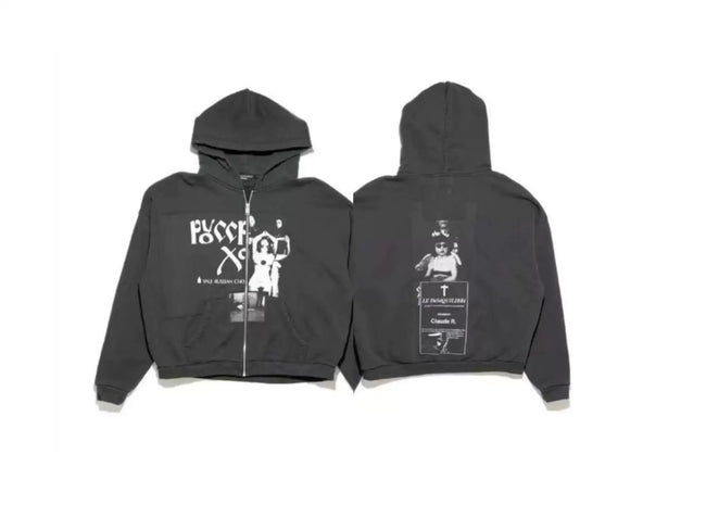 Enfants Riches Déprimés "Freres" Gothic Text & Photo Zip-Up Hoodie - Washed Black Hover Image
