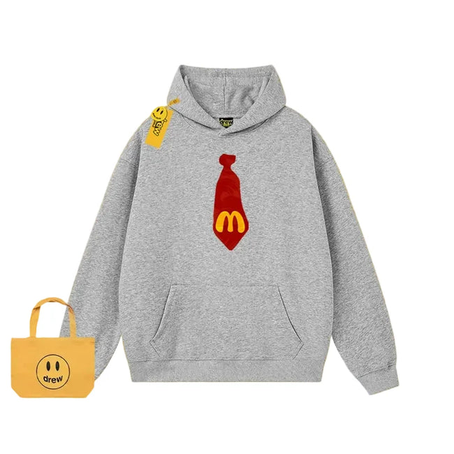Drew Cartoon Tie Print Hoodie, Light Grey Hover Image