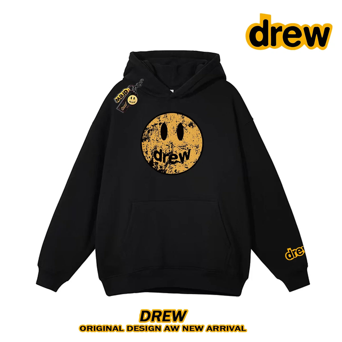Drew Distressed Cracked Smiley Face Regular Lightweight Hoodie, Black