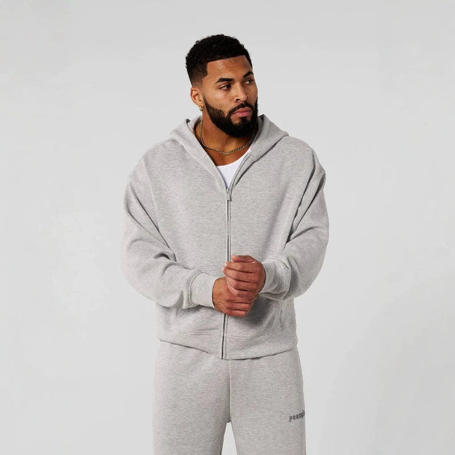 YOUNGLA- Heather Grey Zip-Up Hoodie Sweatshirt Hover Image