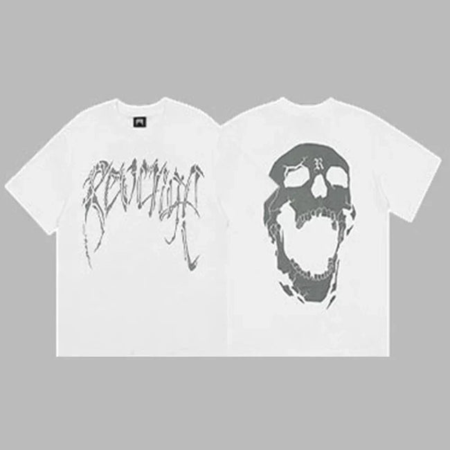 Revenge Arch Logo & Cracked Skull Graphic Short Sleeve T-Shirt White Hover Image