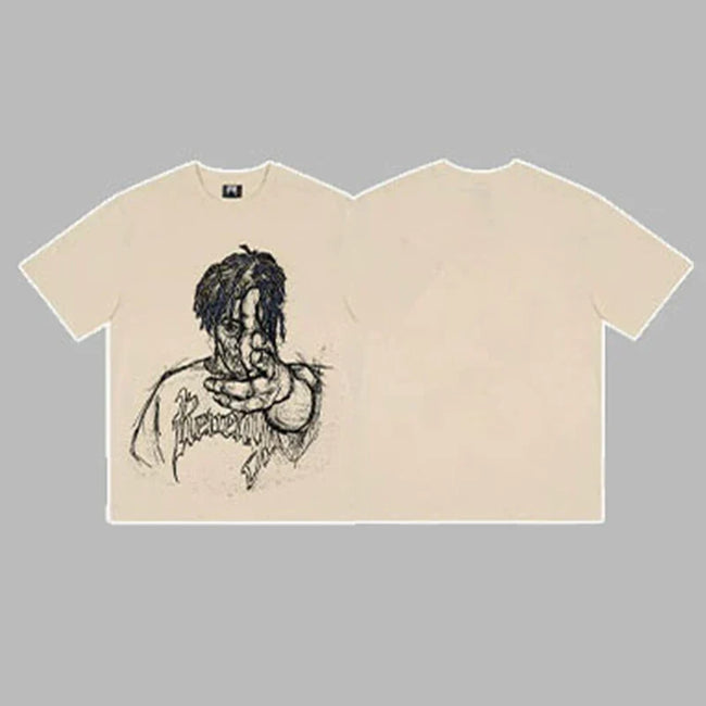 Revenge Pointing Portrait Graphic Short Sleeve T-Shirt Beige Hover Image