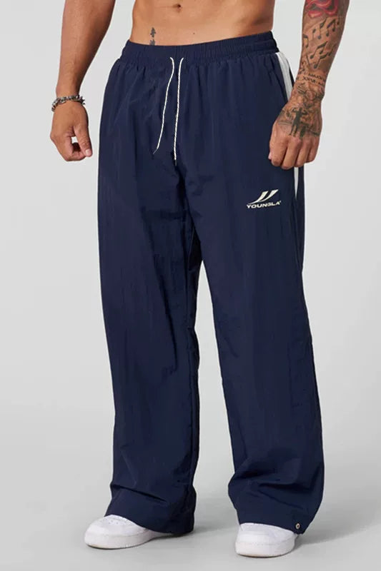 YOUNGLA Men's Retro Athletic Side Stripe Wide Leg Track Pants -blue Hover Image