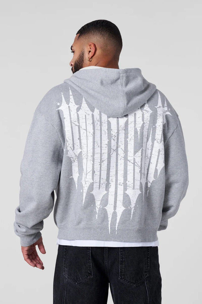 YOUNGLA- Heather Grey Graphic Zip-Up Hoodie Sweatshirt Hover Image