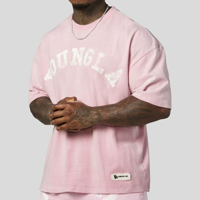 YoungLA Heavyweight Acid Wash Oversized Tee – Dusty Pink Distressed Print Hover Image