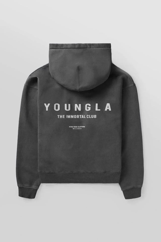 YOUNGLA- Washed Black Immortal Club Pullover Hoodie Hover Image