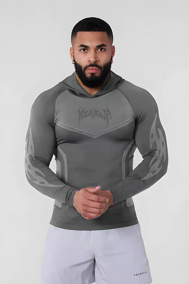 YOUNGLA- Grey Fitted Long Sleeve Hooded Performance Shirt Hover Image