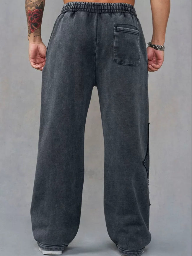 YOUNGLA Men's Acid Wash Gothic Cut-Out Appliqué Wide Leg Sweatpants Main Image