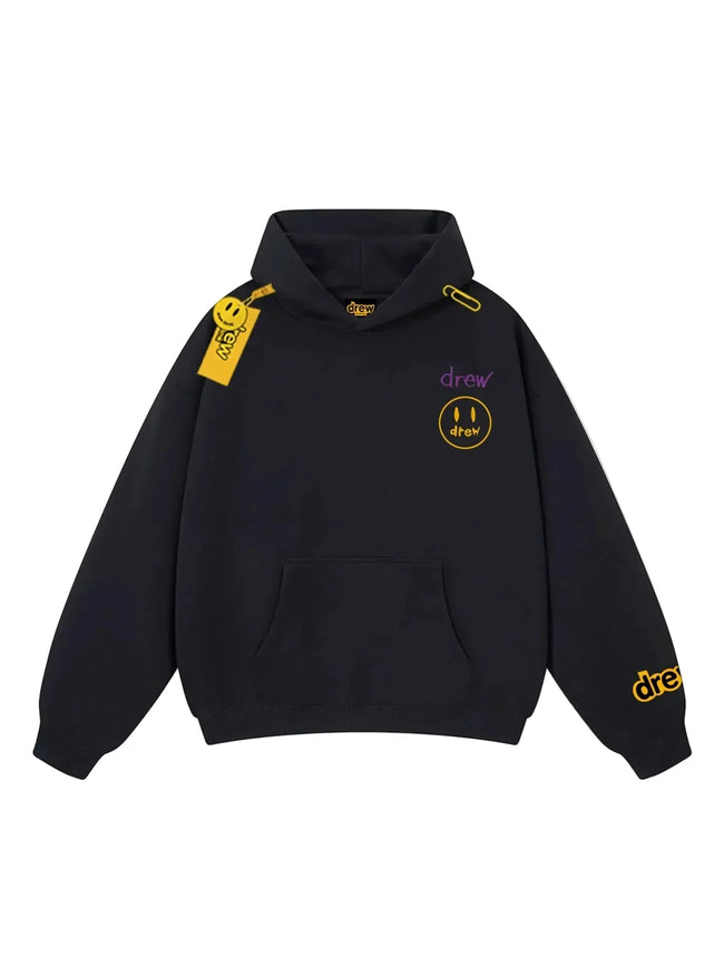 Drew Black Smiley Graphic Relaxed-Fit Fleece Hoodie Hover Image
