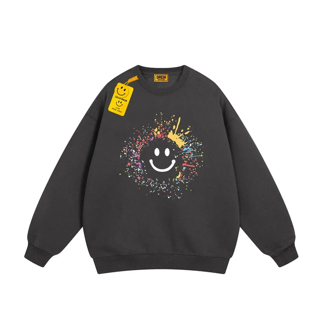 Drew Charcoal Paint-Splatter Smiley Relaxed-Fit Crewneck Sweatshirt Hover Image