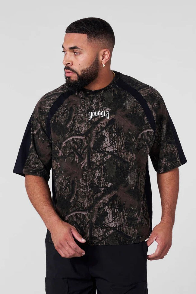 YoungLA Heavyweight Acid Wash Oversized Tee – Tactical Camo Raglan Sleeve Gothic Micro Logo Hover Image