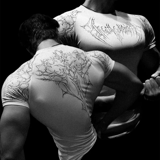 YoungLA White Tribal Tattoo Back Compression Shirt | Skin-Tight Gym Pump Cover Hover Image