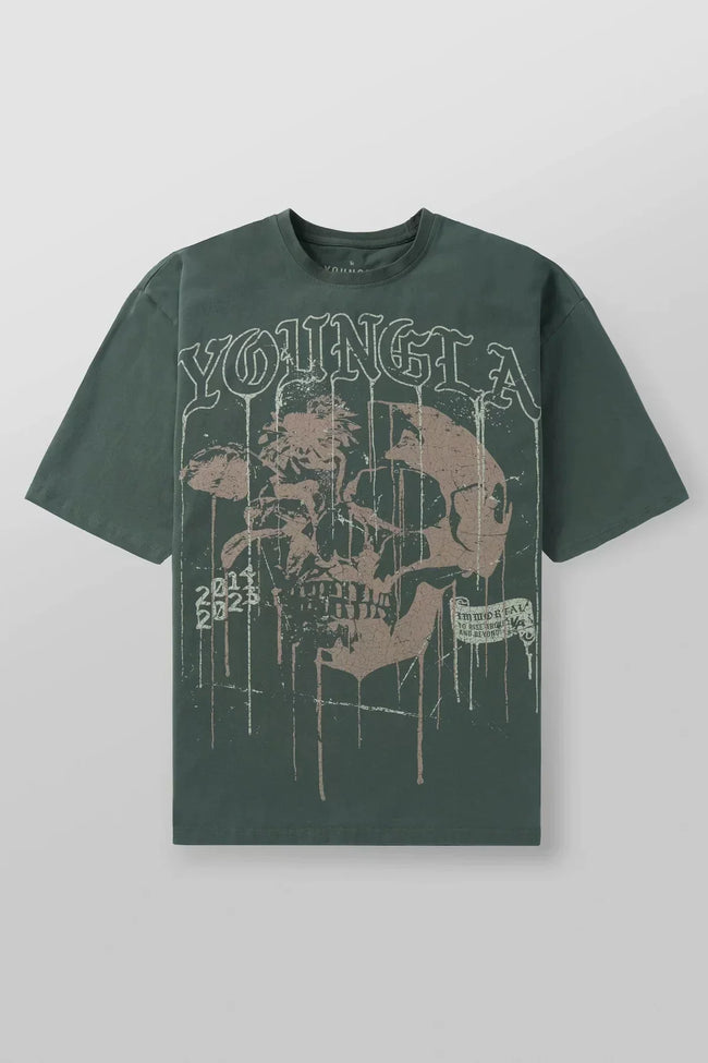 YoungLA Heavyweight Acid Wash Oversized Tee – Olive Green Drip Skull Graphic Hover Image