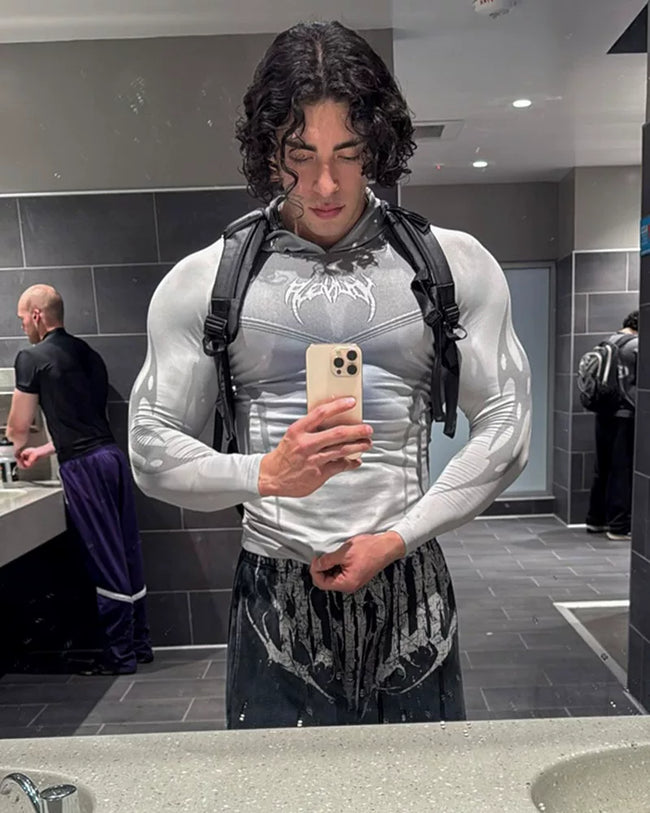 YOUNGLA- Light Grey Fitted Long Sleeve Hooded Performance Shirt Hover Image
