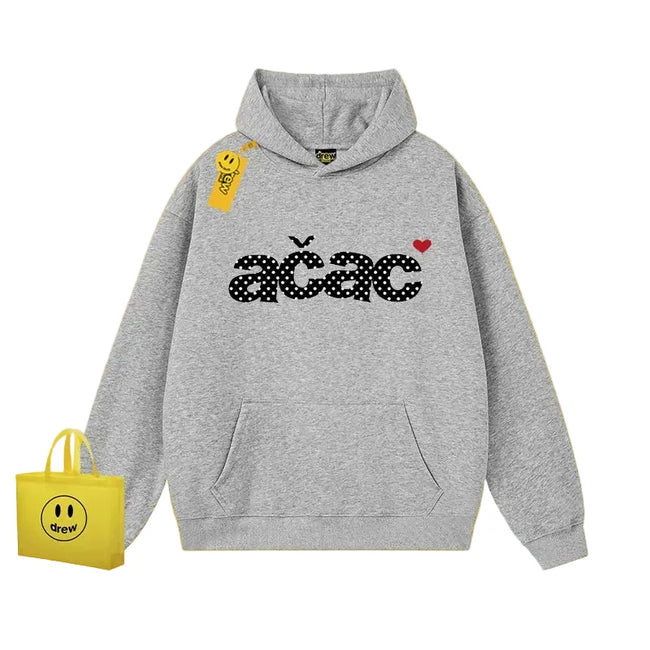 Drew Polka Dot Letter Print Fleece Hoodie, Gray Hover Image