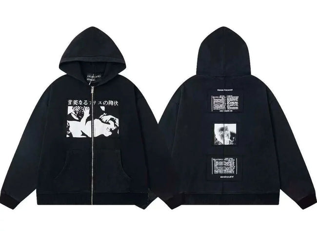 Enfants Riches Déprimés Horizontal Art & Grid Back Zip-Up Hoodie - Washed Black Hover Image