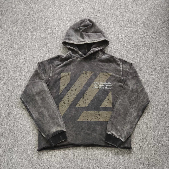 YOUNGLA- Washed Mud Grey Graphic Pullover Hoodie Hover Image