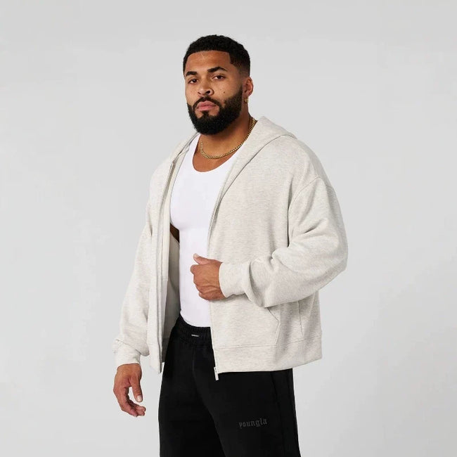 YOUNGLA- Light Oatmeal Grey Zip-Up Hoodie Sweatshirt Hover Image