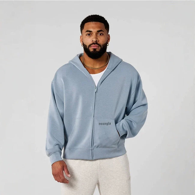 YOUNGLA- Slate Blue Zip-Up Hoodie Sweatshirt Hover Image
