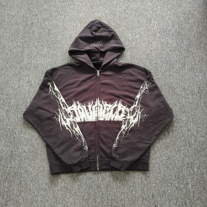 YOUNGLA- Washed Brown Gothic Graphic Zip-Up Hoodie