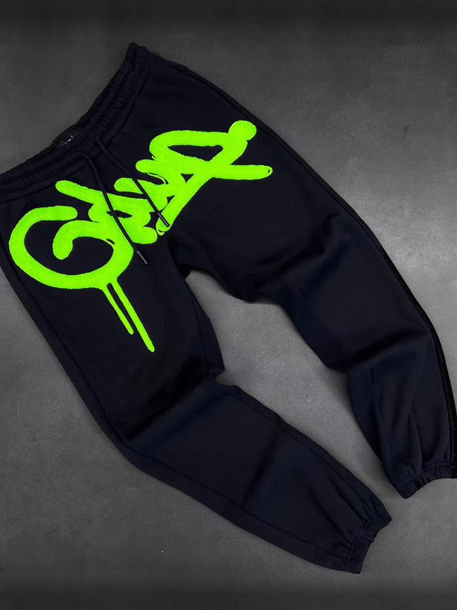 Geedup Black Neon Green Graffiti Logo Sweatpants Hover Image