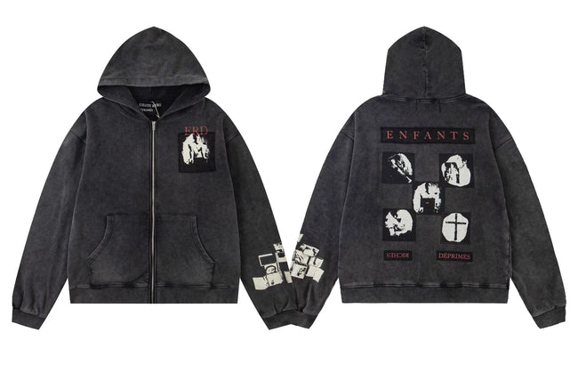 Enfants Riches Déprimés Multi-Panel Photo Zip-Up Hoodie - Washed Black Hover Image