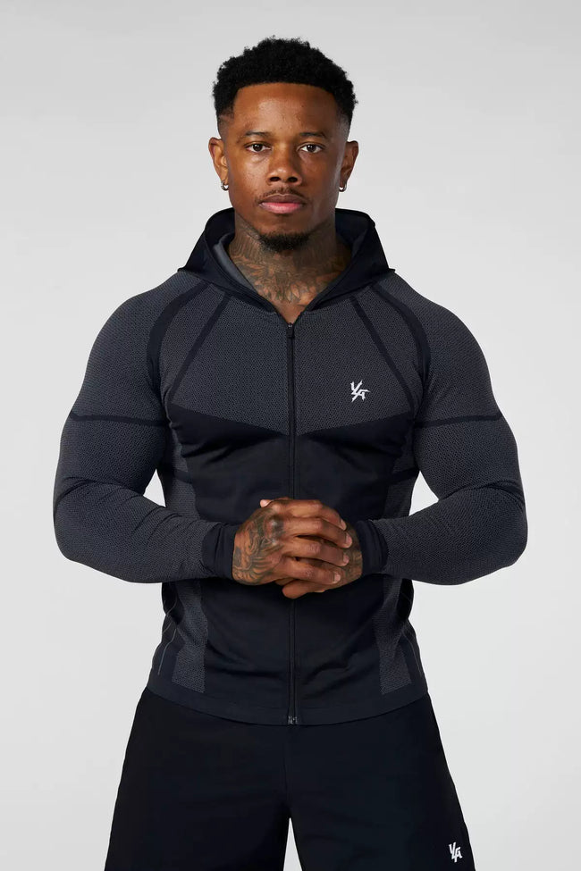 YOUNGLA- Black Fitted Zip-Up Hooded Jacket Hover Image