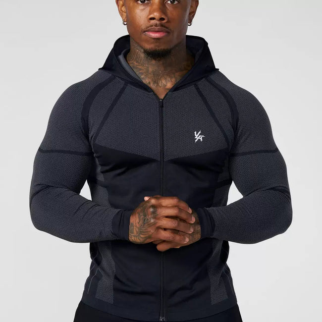 YOUNGLA- Black Fitted Zip-Up Hooded Jacket Hover Image