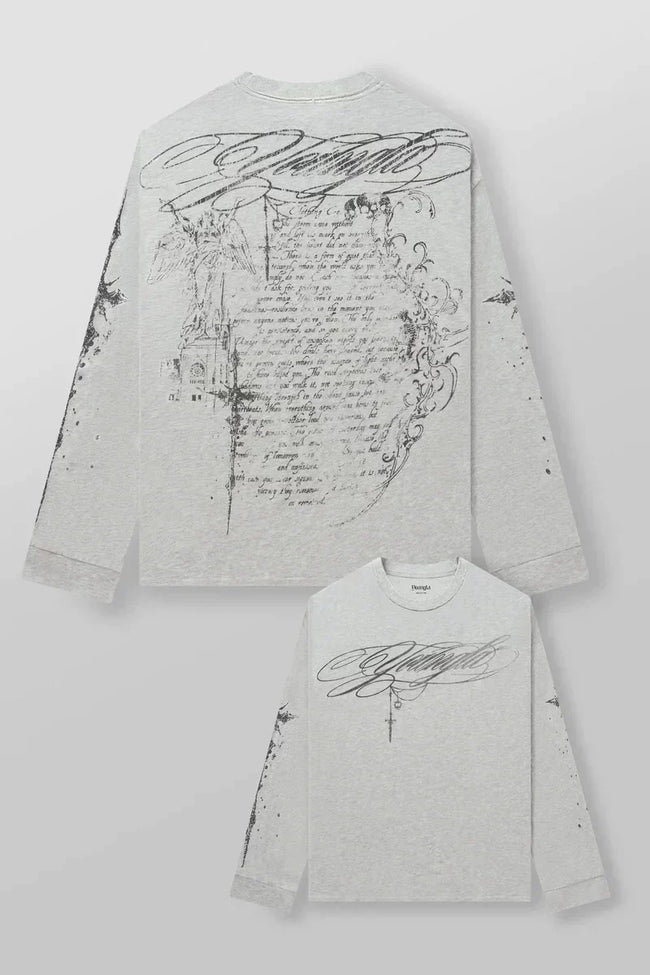 YOUNGLA Men's Gothic Calligraphy Script Long Sleeve Tee Hover Image