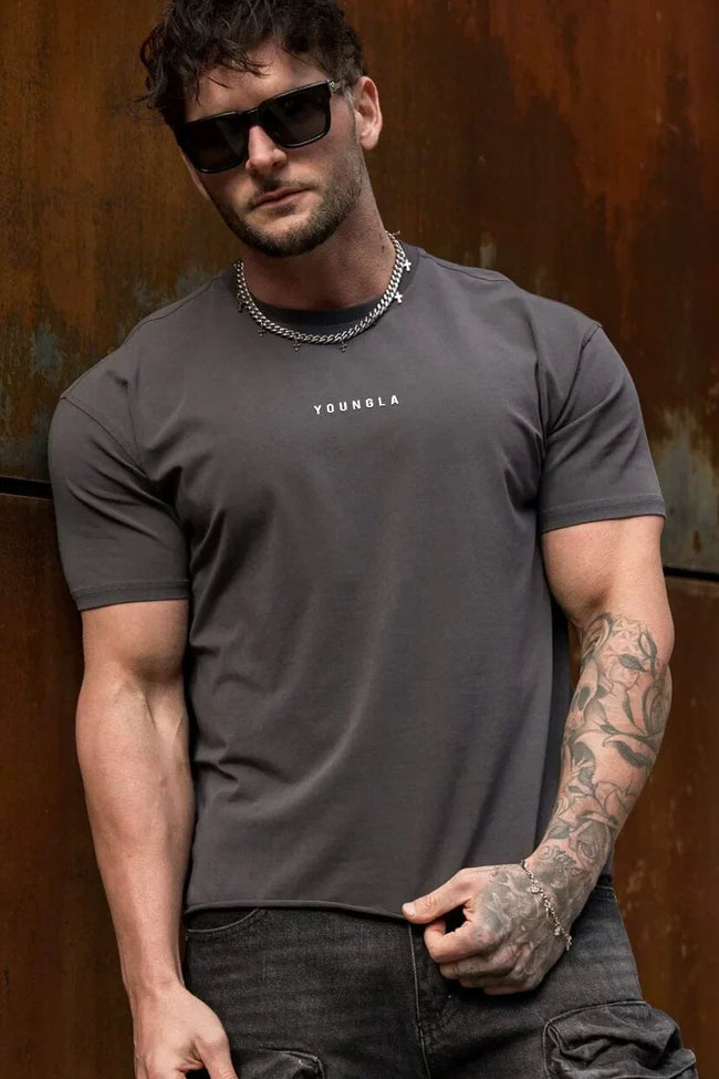 YoungLA Heavyweight Acid Wash Oversized Tee – Dark Grey Minimal Chest Logo Hover Image