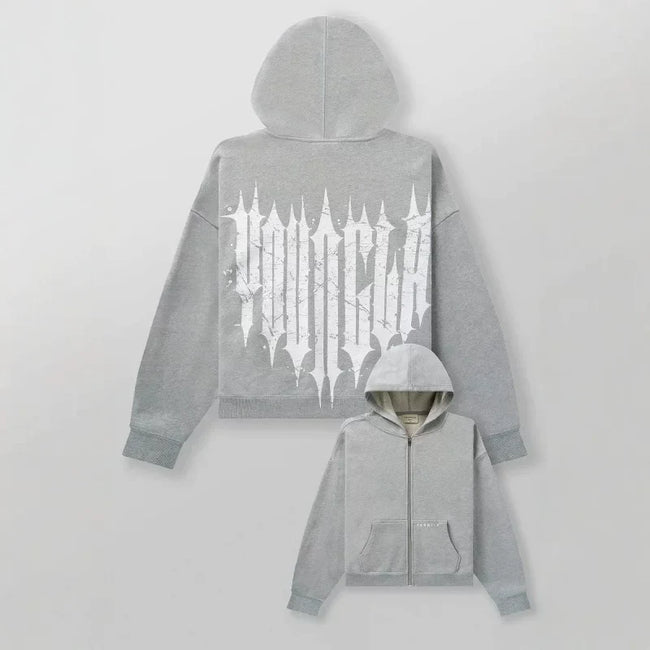 YOUNGLA- Grey Gothic Back Graphic Full-Zip Hoodie Hover Image