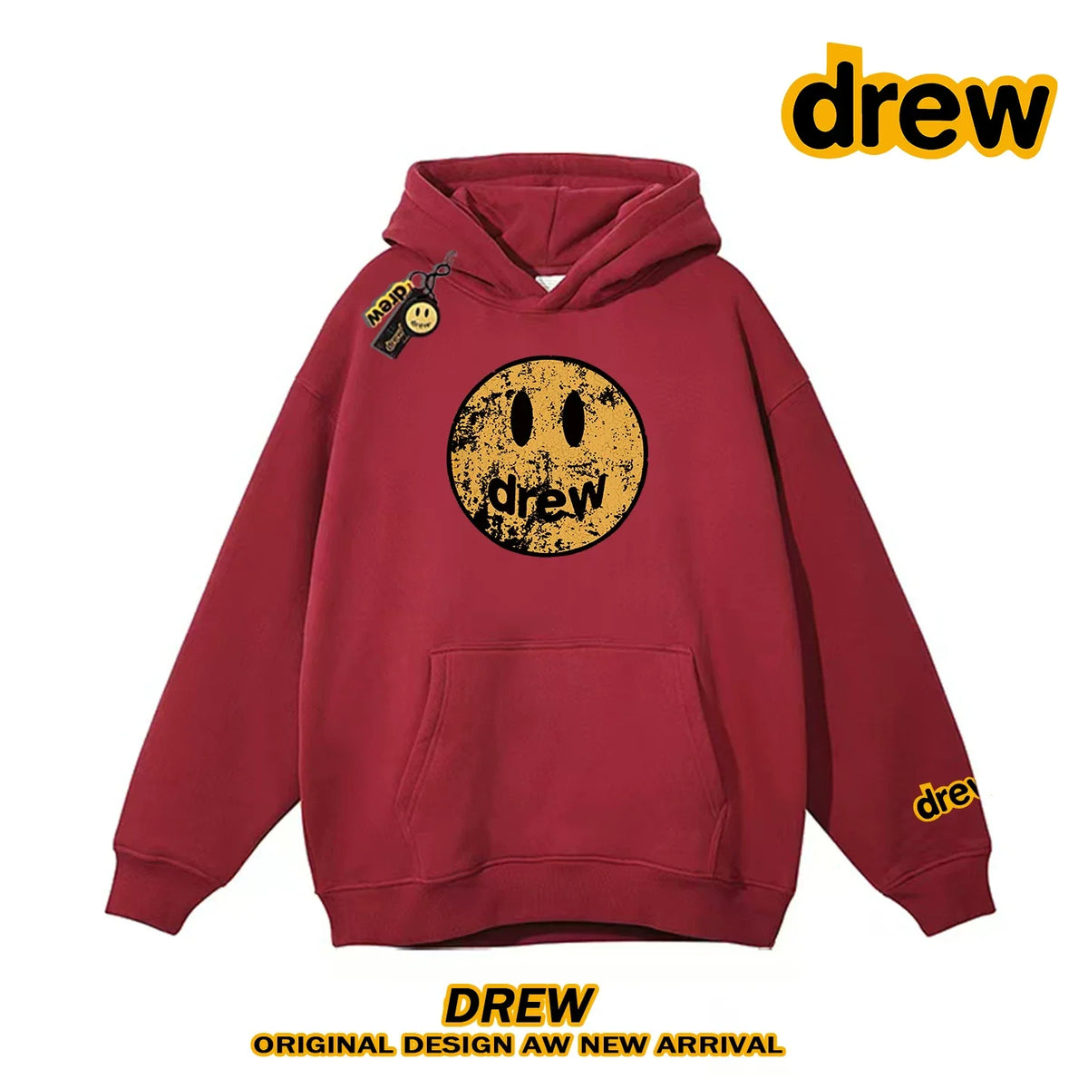 Drew Distressed Cracked Smiley Face Regular Lightweight Hoodie, Burgundy