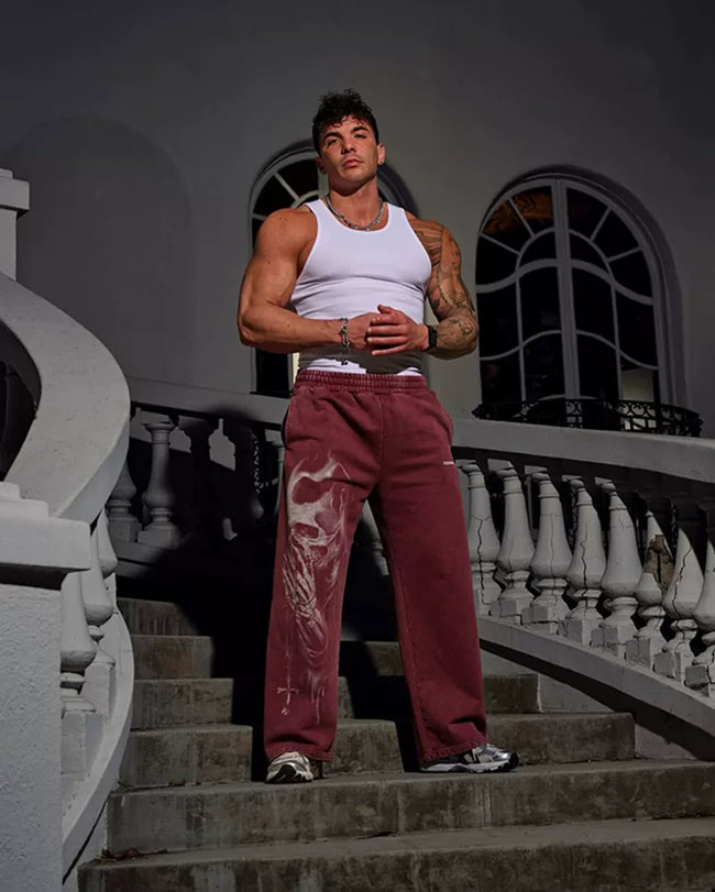 YoungLA Men's Oversized Sweatpants – Graphic Vintage Wash Red Athletic Joggers Hover Image