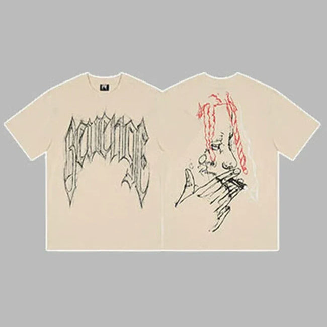 Revenge Arch Logo & Hand Portrait Graphic Short Sleeve T-Shirt Beige Hover Image
