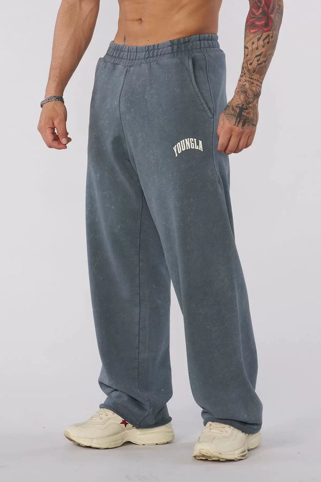 YOUNGLA Men's Arched Collegiate Logo Acid Wash Wide Leg Sweatpants Hover Image