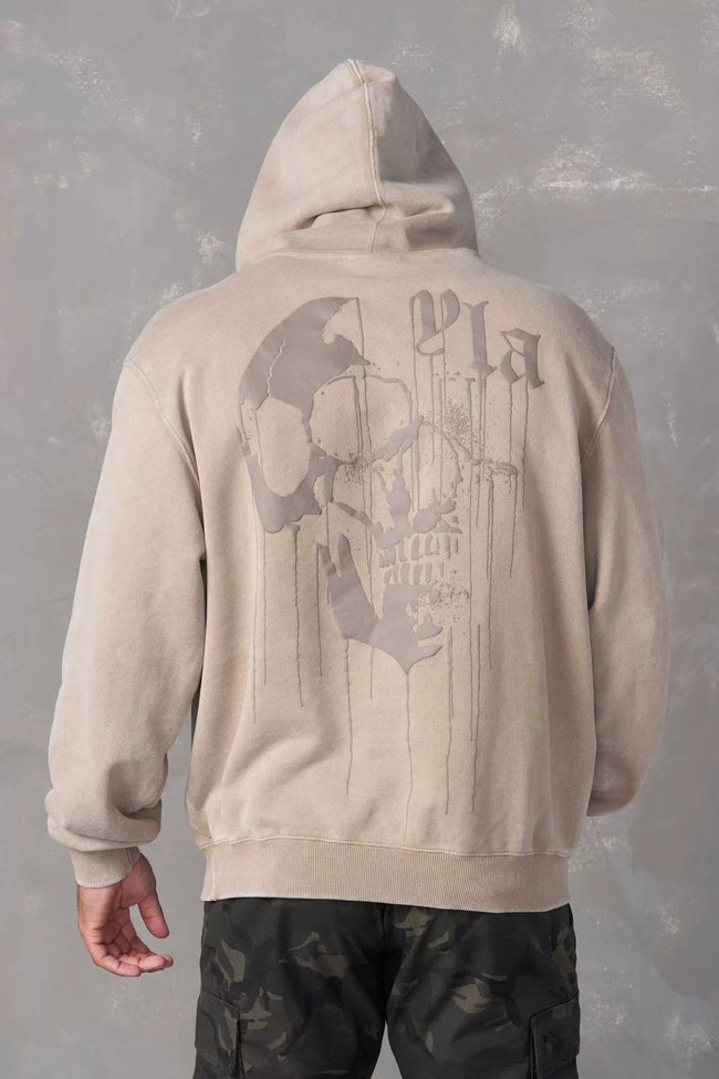 YOUNGLA- Washed Khaki Skull Graphic Hoodie Sweatshirt Hover Image