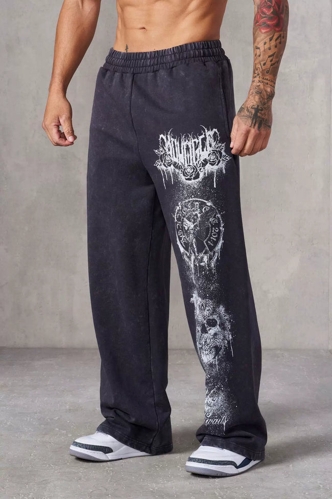 YOUNGLA Men's Acid Wash Heavy Metal Skull Graphic Wide Leg Sweatpants Hover Image