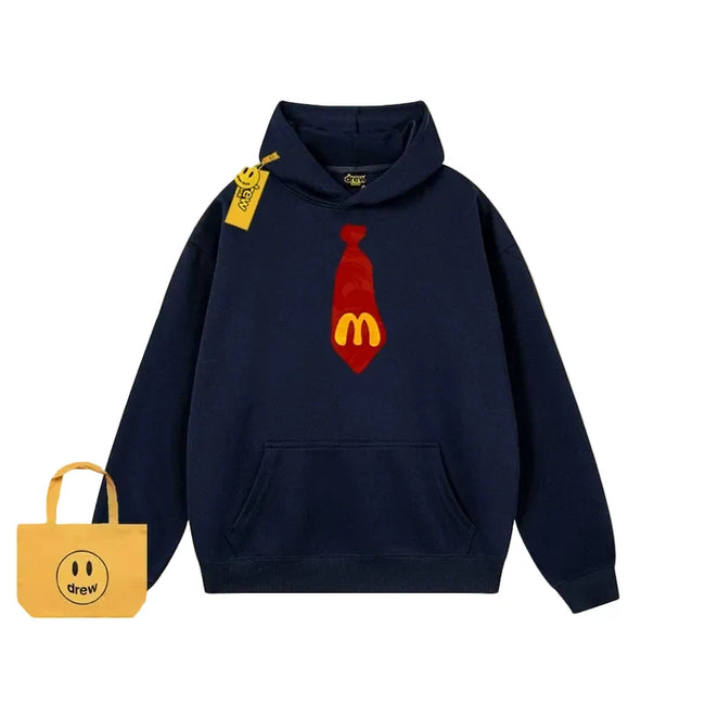 Drew Cartoon Tie Print Fleece Hoodie, Navy Blue Hover Image