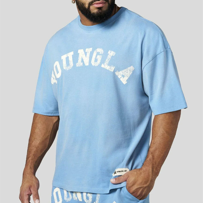 YoungLA Heavyweight Acid Wash Oversized Tee – Ice Blue Distressed Print Hover Image