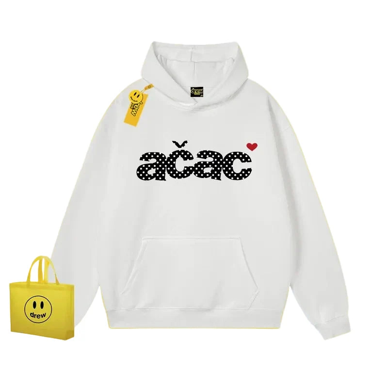 Drew Polka Dot Letter Print Hoodie, White, Cotton Regular Weight