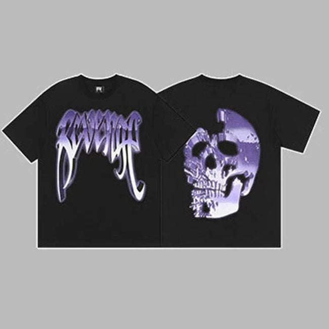 Revenge Purple & Silver Gradient Arch Logo & Broken Skull Graphic Short Sleeve T-Shirt Black Hover Image