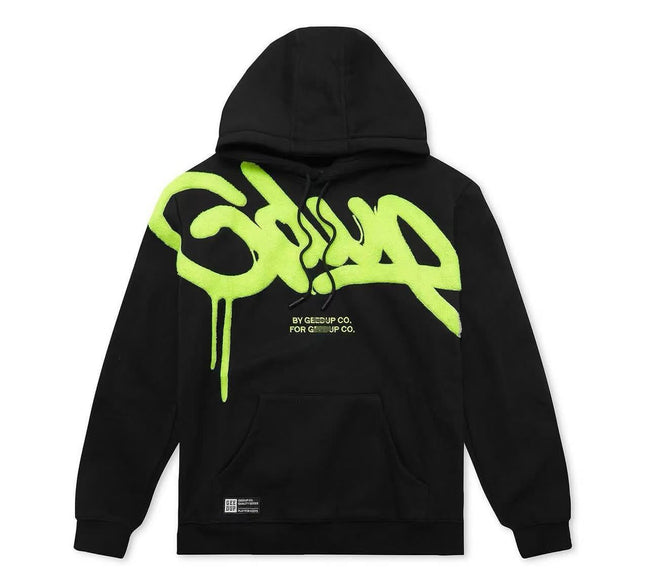 Geedup Black Neon Green Graffiti Logo Hoodie Hover Image