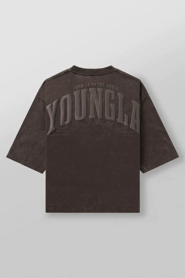 YoungLA Heavyweight Acid Wash Oversized Tee – Charcoal Embossed Statement Back Hover Image