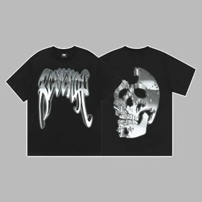 Revenge Silver Metallic Arch Logo & Skull Graphic Short Sleeve T-Shirt (Black) Hover Image