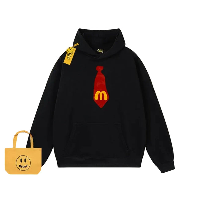 Drew Cartoon Tie Print Fleece Hoodie, Black Hover Image