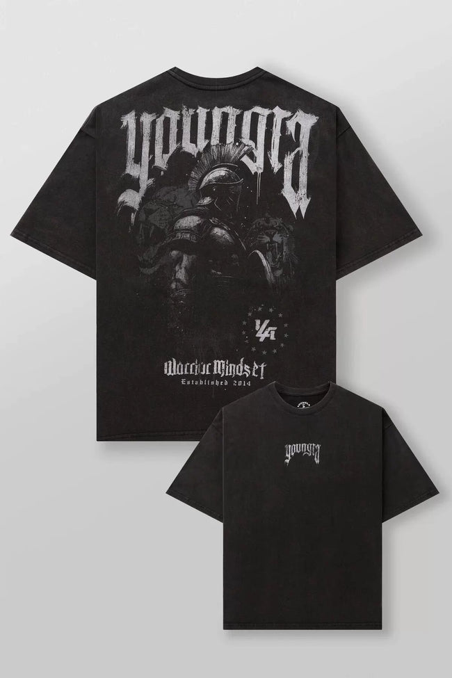YoungLA Heavyweight Acid Wash Oversized Tee – Spartan Warrior Mindset Graphic Hover Image