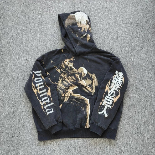 YOUNGLA- Washed Black Attack on Titan Graphic Pullover Hoodie Hover Image