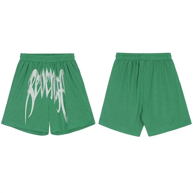 Revenge Gothic Logo Mesh Athletic Shorts - Green Hover Image