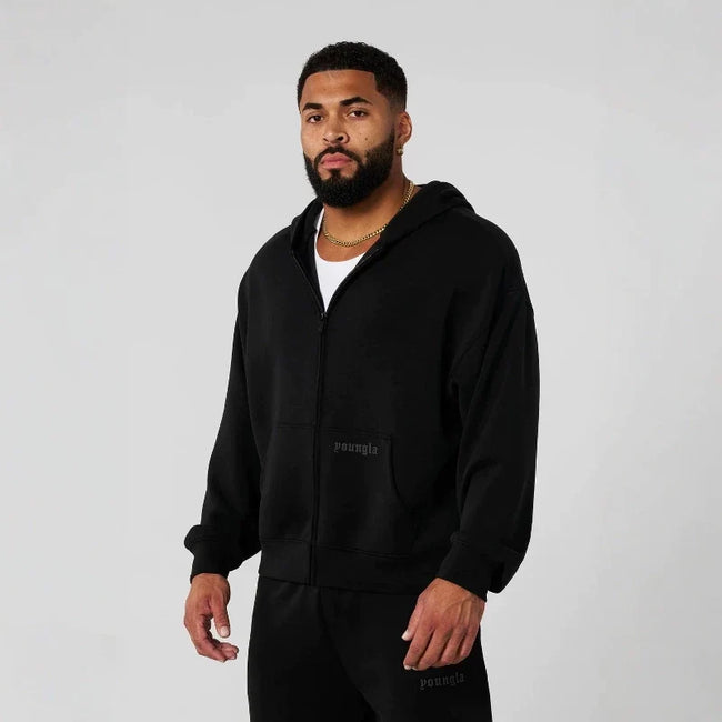 YOUNGLA- Black Zip-Up Hoodie Sweatshirt Hover Image