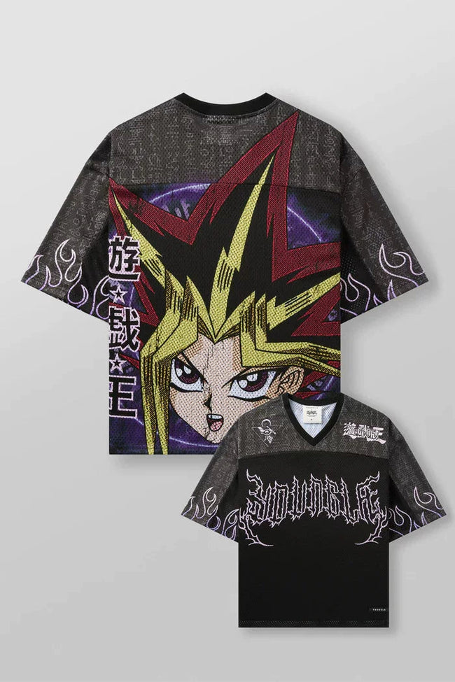 YoungLA x Yu-Gi-Oh! Oversized V-Neck Mesh Jersey – Black & Purple Yugi Graphic Hover Image